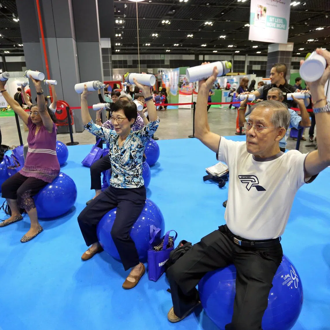 Senior citizens taking part in a short gym session using gym balls and water bottles which were used as weights during the launch of National Healthy Lifestyle Campaign (NHLC), on 3 October 2014. The aim was to teach people how to exercise from the comfort of their homes should they not have time to hit the gym.