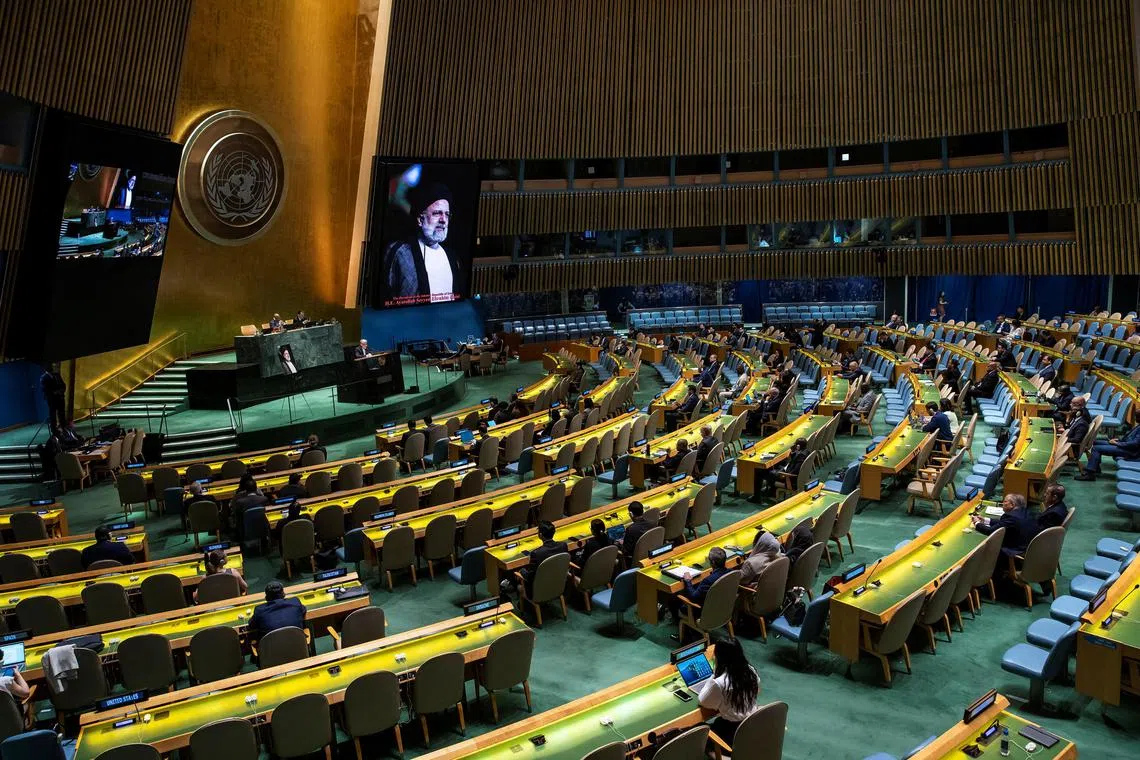 Iran's Ambassador to the UN Amir Saeid Iravani addresses the General Assembly during a tribute to Iran's President Ebrahim Raisi.