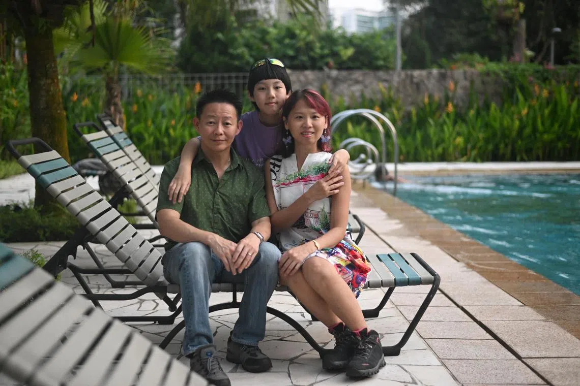Ms Jonnansical Boo, 45, and Mr Tony Ong, 47, with thier son, Colin Ong, 12, at their place on Apr 12, 2023.