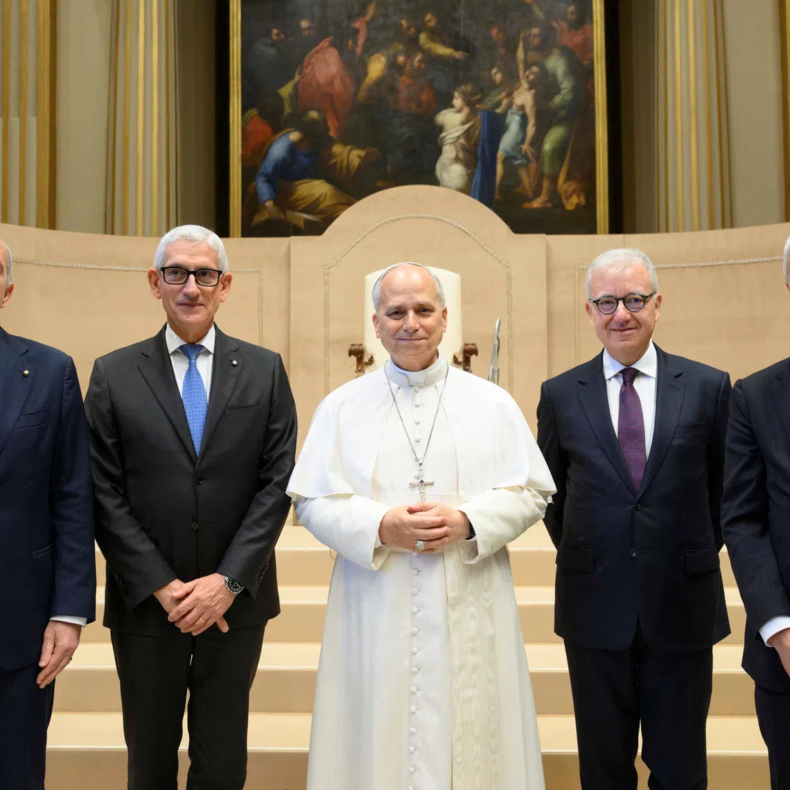 Pope Leo XIV meets the heads of Italy’s Security Intelligence System on the centenary of its foundation, Bruno Valensise, director of Italy’s domestic intelligence agency AISI (Agenzia Informazioni e Sicurezza Interna), Giovanni Caravelli, director of foreign intelligence agency AISE (Agenzia Informazioni e Sicurezza Esterna), Vittorio Rizzi, director of DIS (Dipartimento delle Informazioni per la Sicurezza), and Undersecretary Alfredo Mantovano, who oversees Italy’s intelligence services as part of the Presidency of the Council of Ministers, at the Vatican, December 12, 2025.  Vatican Media/­Simone Risoluti/Handout via REUTERS