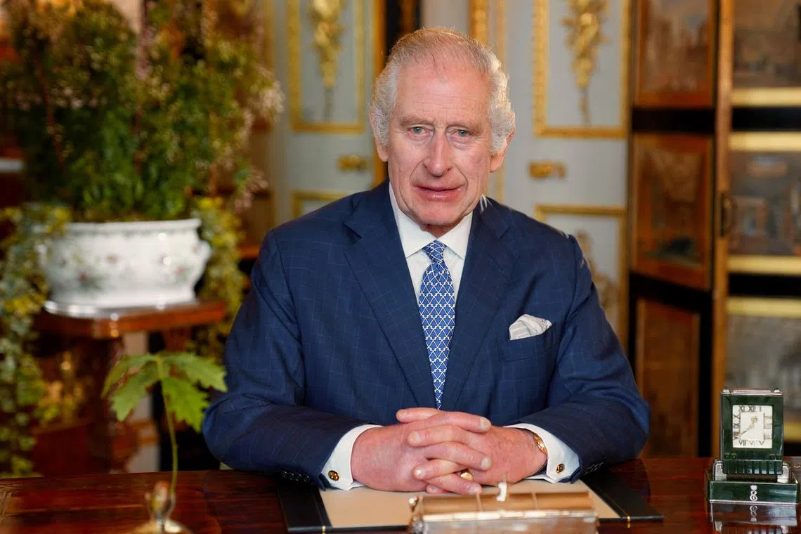 Britain's King Charles is seen during the recording of the his Commonwealth message which was filmed in the White Drawing Room at Windsor Castle in Windsor, Britain, in February, in this handout photo issued by the Royal Household on March 11, 2024. Royal Household/Handout via REUTERS THIS IMAGE HAS BEEN SUPPLIED BY A THIRD PARTY. NO RESALES. NO ARCHIVES. MANDATORY CREDIT EDITORIAL USE ONLY. NO SALES. PUBLICATIONS ARE ASKED TO CREDIT ROYAL HOUSEHOLD. THE PHOTOGRAPH SHALL NOT BE USED AFTER MONDAY, 8TH APRIL 2024. THE PHOTOGRAPH IS BEING MADE AVAILABLE BY WAY OF LICENSE ON CONDITION THAT THE PHOTOGRAPH SHALL BE SOLELY FOR NEWS EDITORIAL USE ONLY, NO CHARGE SHOULD BE MADE FOR THE SUPPLY, RELEASE, OR PUBLICATION OF THE PHOTOGRAPH; THERE SHALL BE NO COMMERCIAL USE WHATSOEVER OF THE PHOTOGRAPH - INCLUDING ANY USE IN MERCHANDISING, ADVERTISING OR ANY OTHER NON-EDITORIAL USE. THE IMAGE MUST NOT BE DIGITALLY ENHANCED, CROPPED, MANIPULATED OR MODIFIED IN ANY MANNER OR FORM. NOTE TO EDITORS: THIS HANDOUT PHOTO MAY ONLY BE USED IN FOR EDITORIAL REPORTING PURPOSES FOR THE CONTEMPORANEOUS ILLUSTRATION OF EVENTS, THINGS OR THE PEOPLE IN THE IMAGE OR FACTS MENTIONED IN THE CAPTION. REUSE OF THE PICTURE MAY REQUIRE FURTHER PERMISSION FROM THE COPYRIGHT HOLDER.