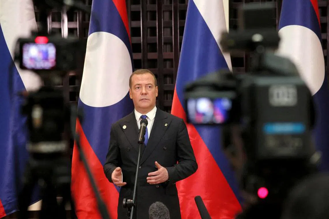 FILE PHOTO: Russia's Deputy head of the Security Council Dmitry Medvedev speaks during a news conference in Vientiane, Laos, May 23, 2023. Sputnik/Yekaterina Shtukina/Pool via REUTERS/File Photo