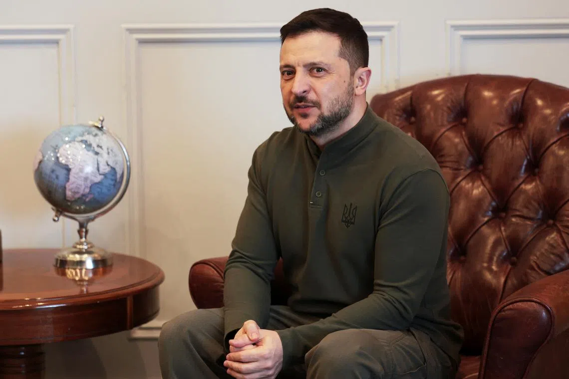 Ukraine's President Volodymyr Zelenskiy speaks during a bilateral meeting with Ireland's Taoiseach (Prime Minister) Micheal Martin at Shannon airport in Shannon, Ireland, February 27, 2025. REUTERS/Emilija Jefremova