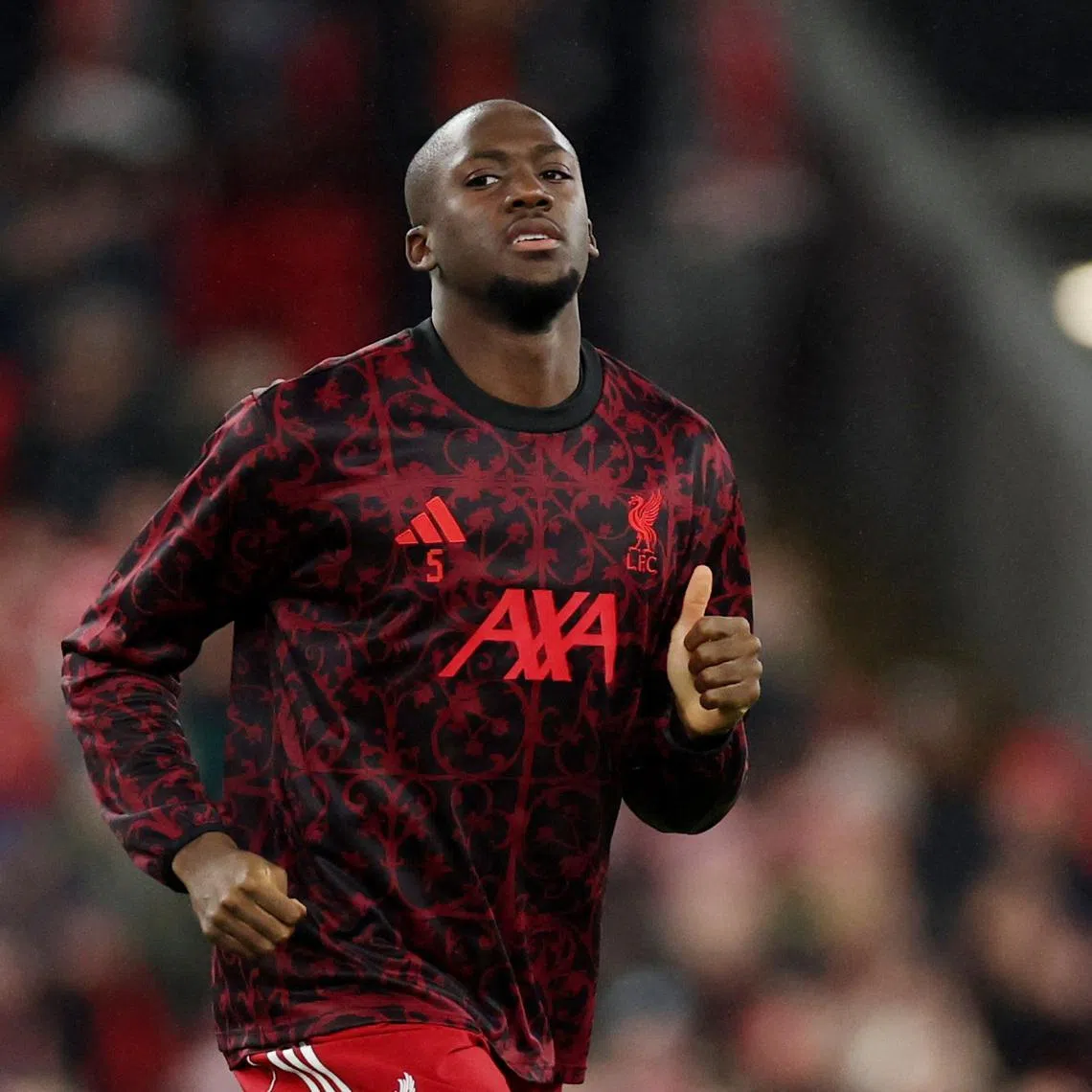 Liverpool's Ibrahima Konate during the warm up before the Liverpool v Newcastle United match, January 31, 2026. REUTERS/Phil Noble