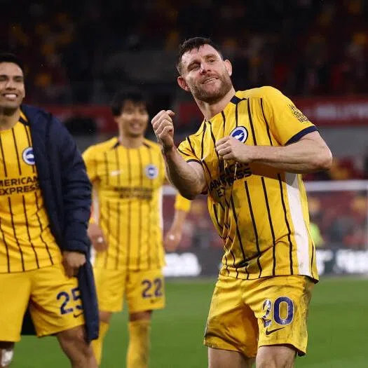 Brighton & Hove Albion's James Milner (right) celebrates after the match against Brentford in London, on Feb 21, 2026.
