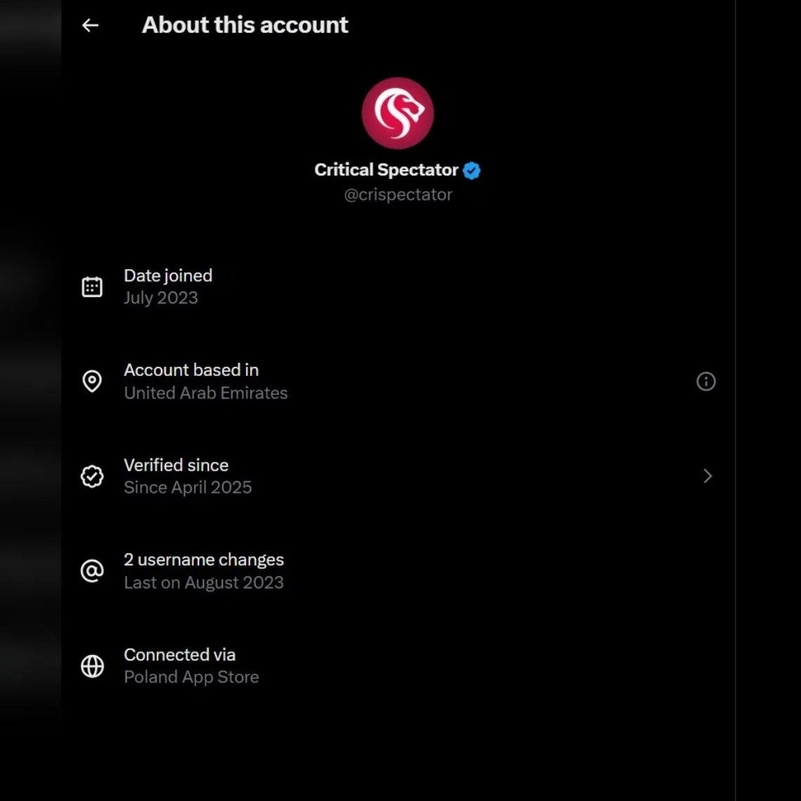 A screenshot taken on Nov 24 from the X account of the Critical Spectator showed it was based in the United Arab Emirates. The account was deleted a day later.