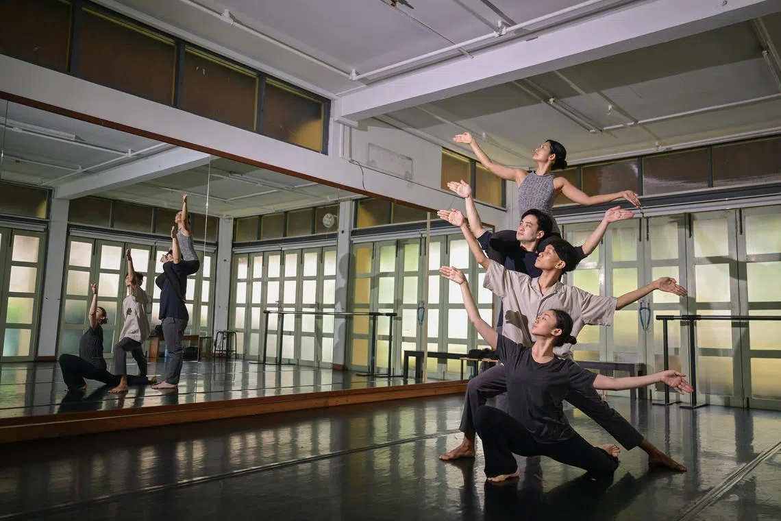 Arts Fission dancers (from top) Aisha Josephine Polestico, Marveen Ely Lozano, Adly Azizi Azamin, and Andine Elaina, during rehearsals for Amazing Beasts & Botanicals by Arts Fission.