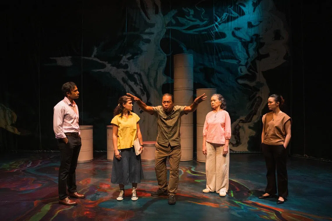 Playing With Fire stars (from left) Gosteloa Spancer, Rebecca Ashley Dass, Rafaat Haji Hamzah, Nora Samosir and Cheryl Lee in a play about environmentalism and pollutive industries.