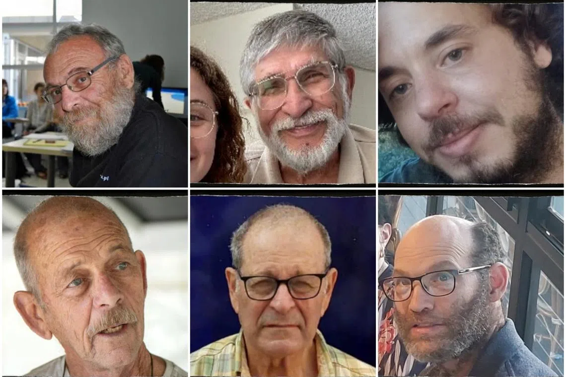 A combination picture shows undated handout images of Israeli hostages Alex Dancyg, Yoram Metzger, Yagev Buchshtab, Chaim Peri and Abraham Munder and hostage Nadav Popplewell, who were kidnapped in the deadly October 7 attack by the Palestinian Islamist group Hamas. Courtesy of Bring Them Home Now/The Hostages Families Forum/Handout via REUTERS