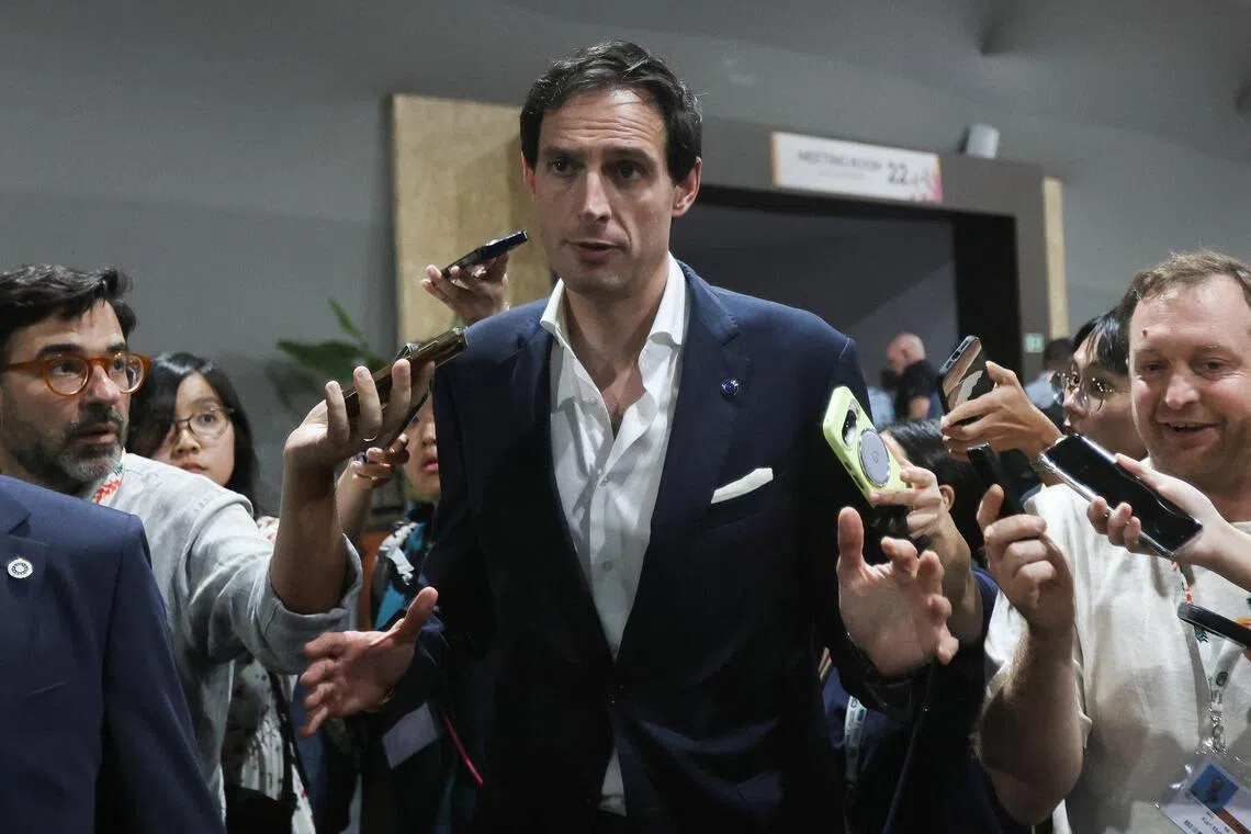 European Commissioner for Climate, Net Zero and Clean Growth Wopke Hoekstra speaking to the media at the COP30 climate summit in Belem, Brazil, on Nov 21.