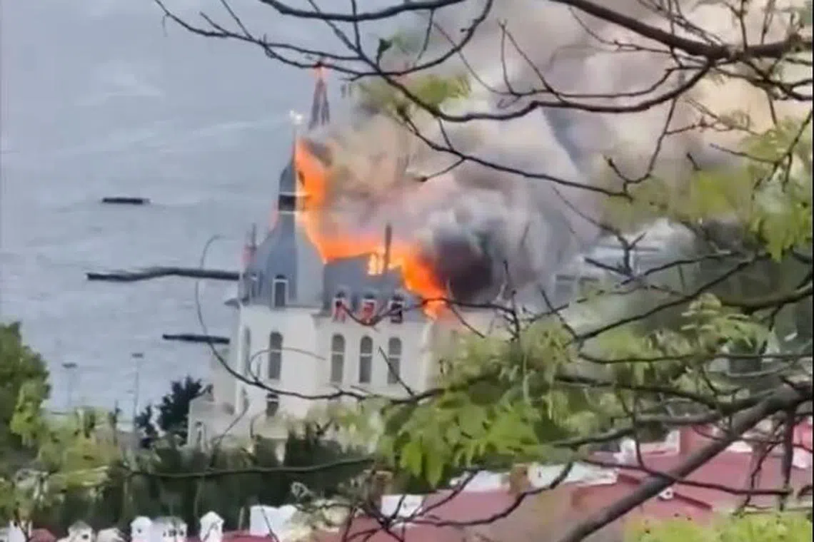 Pictures posted online showed an ornate building close to the seafront ablaze and smoke billowing skyward. 
