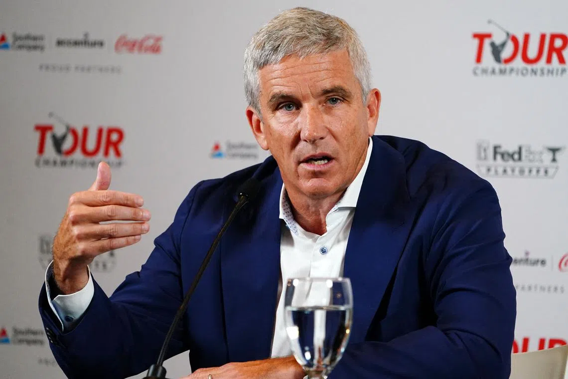 Aug 22, 2023; Atlanta, Georgia, USA; PGA Commissioner Jay Monahan addresses the media during a press conference in the Clubhouse Ballroom at East Lake Golf Club prior to ThursdayÕs start of the TOUR Championship golf tournament. Mandatory Credit: John David Mercer-USA TODAY Sports/File Photo