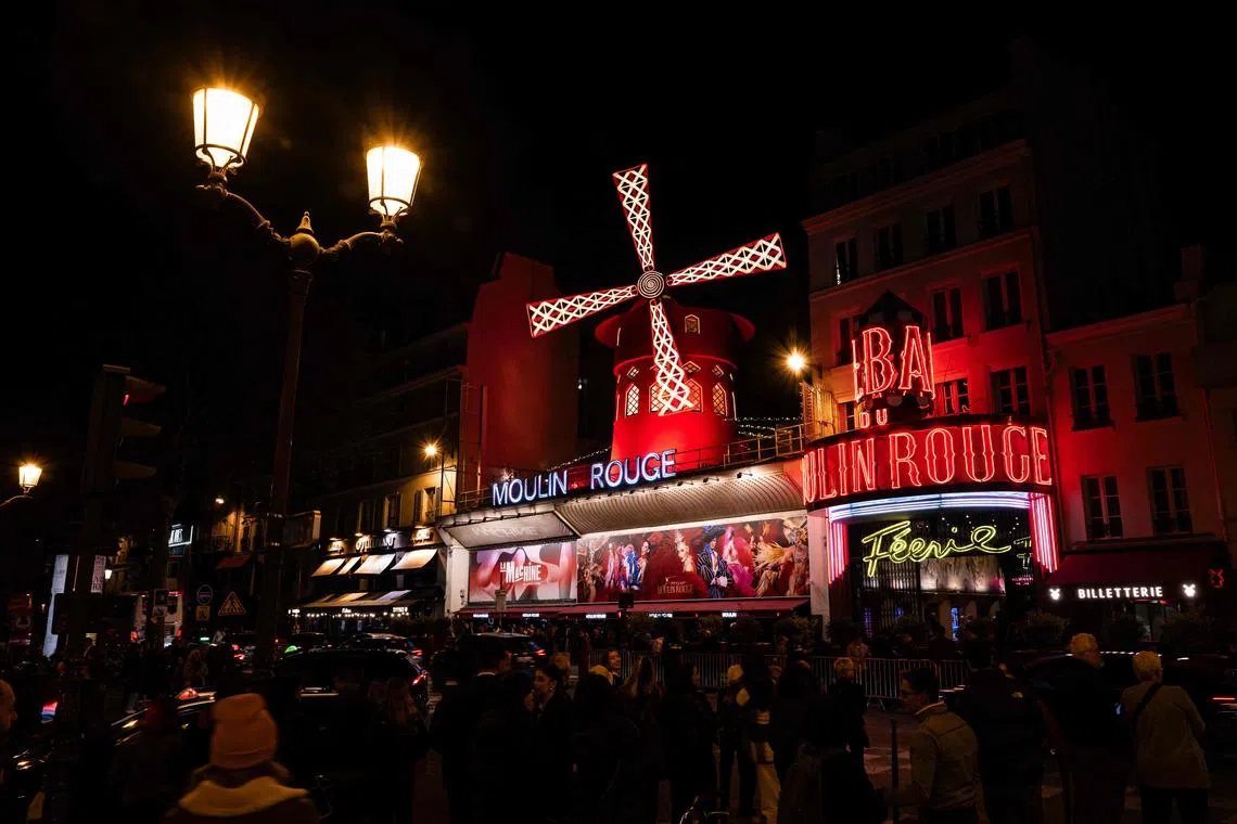 The outside view of the Moulin Rouge musical cabaret in Paris on April 9, 2024. 