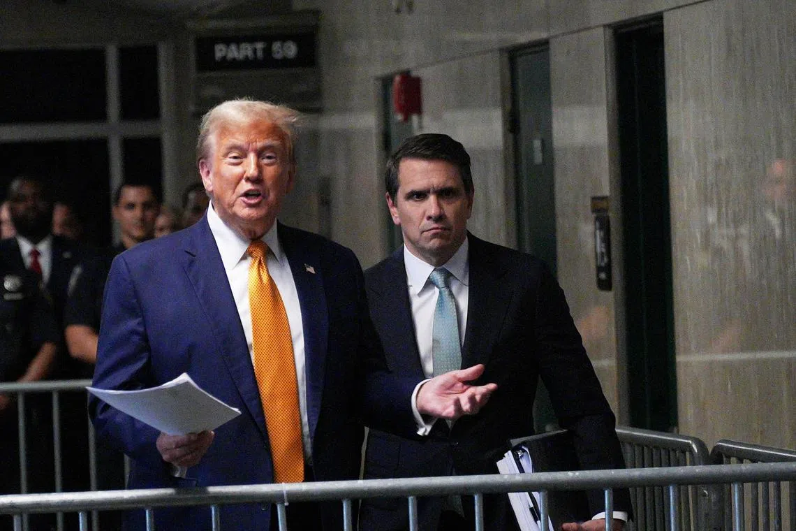 Mr Donald Trump talking to the media at Manhattan Criminal Court in New York on May 14, 2024.  