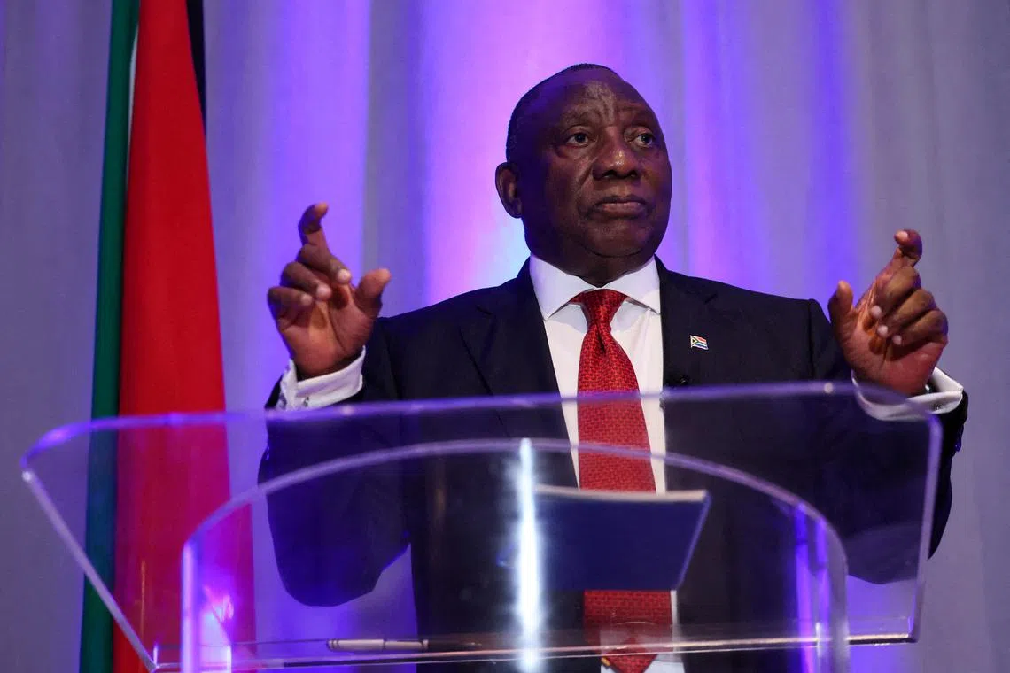 FILE PHOTO: South African President Cyril Ramaphosa attends a press conference, after his White House meeting with U.S. President Donald Trump, in Washington, D.C., U.S., May 21, 2025. REUTERS/Leah Millis/File Photo