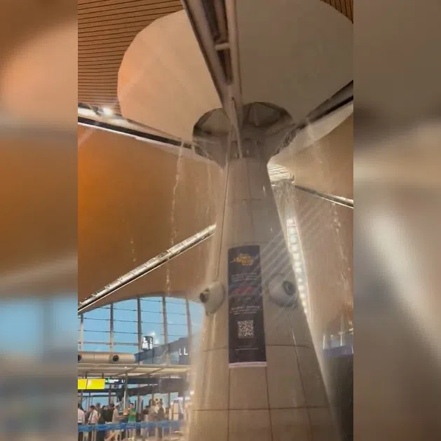 Videos posted on social media platform X showed water pouring from the ceiling near a Qatar Airways check-in counter. 