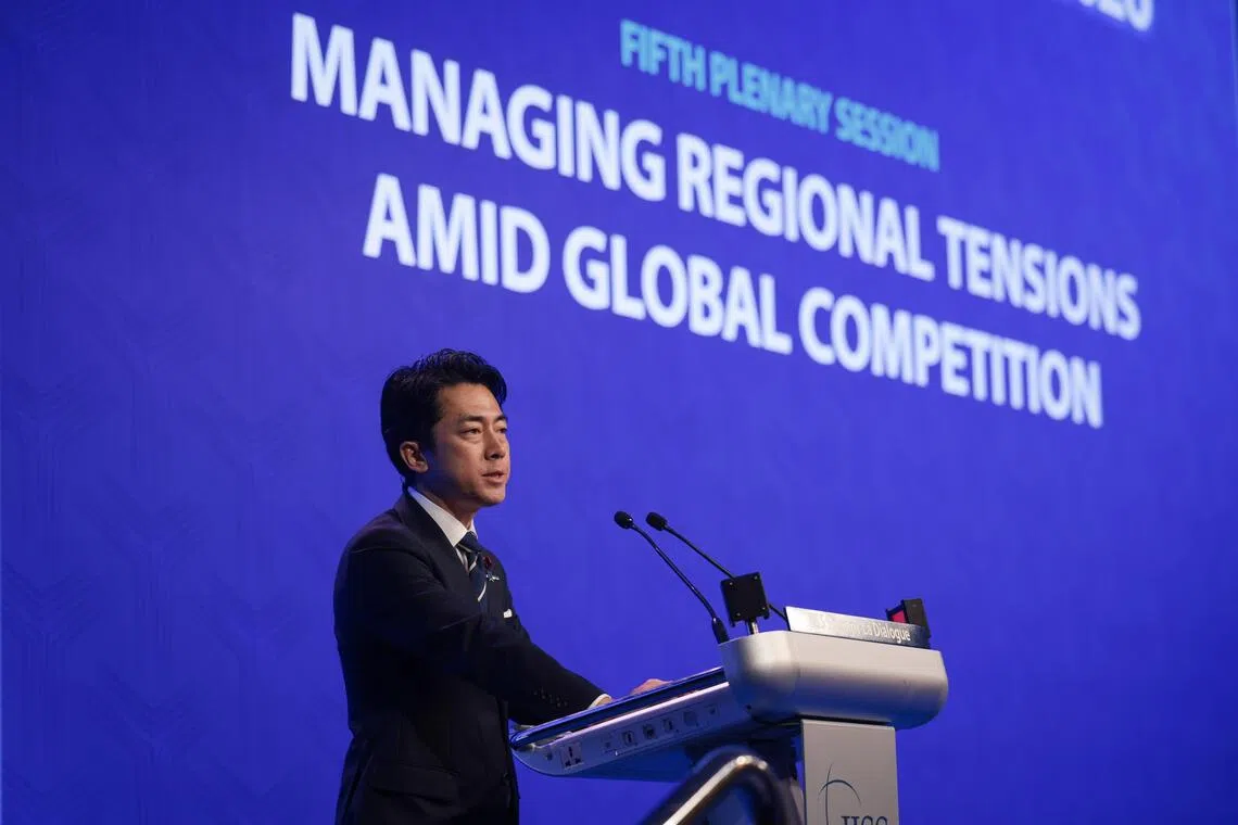 Japan’s Defence Minister Shinjiro Koizumi speaking at the plenary session on Managing Regional Tensions Amid Global Competition at the Shangri-La Dialogue in Singapore on May 31.
