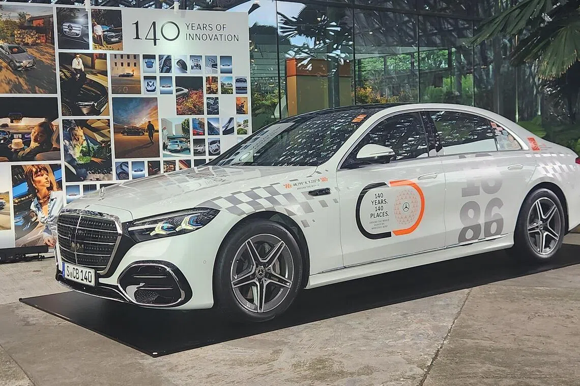 One of three Mercedes-Benz S-class cars making the 50,000km global drive on display at Gardens by the Bay.