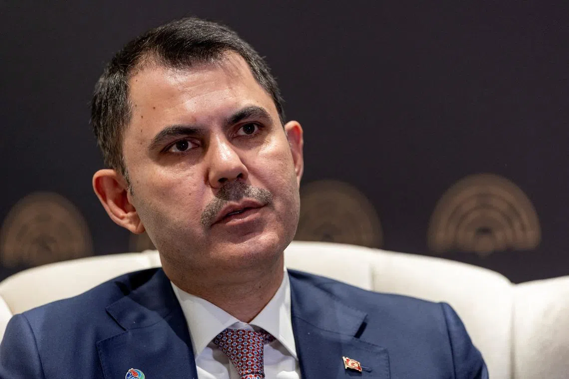 Turkey's Environment, Urbanization and Climate Change Minister Murat Kurum speaks during an interview with Reuters on the agenda of the United Nations' annual COP climate summit, which will take place in the Turkish resort of Antalya in November, in Antalya, Turkey, April 18, 2026. REUTERS/Umit Bektas