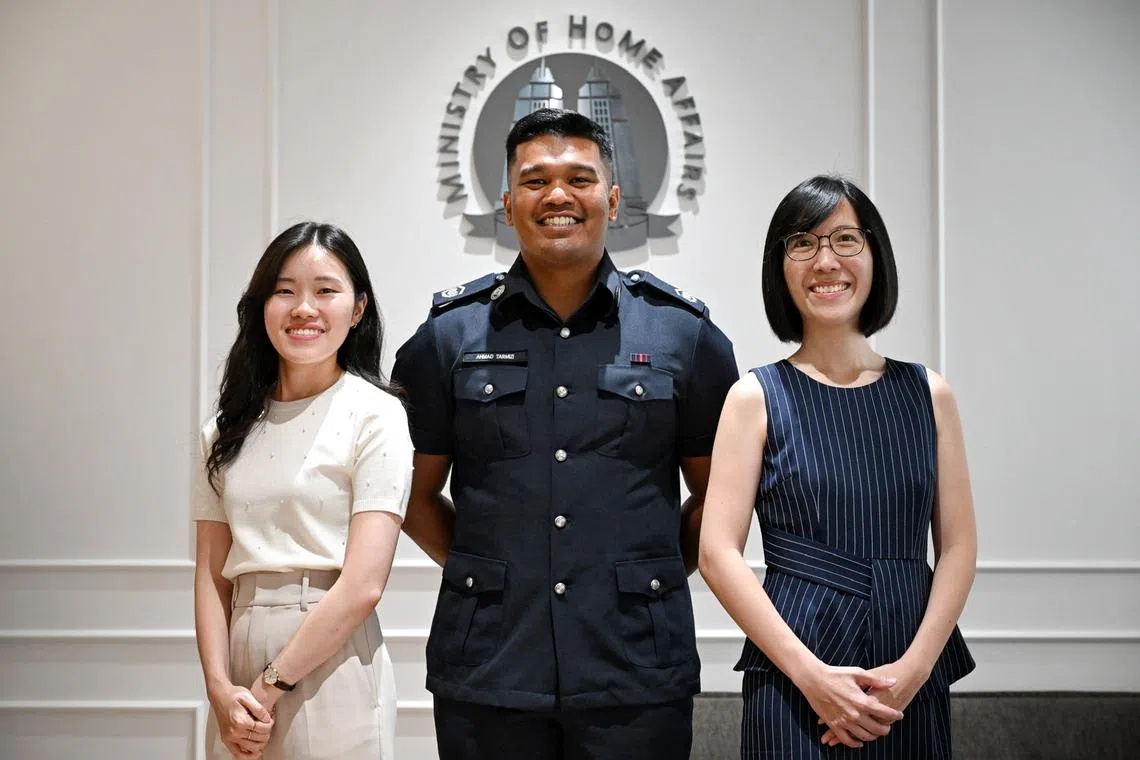 (From left) Ms Dawn Ong, Mr Ahmad Tarmizi Mohamed Tahir and Mrs Liang Jiexin were rewarded with scholarships by MHA for their outstanding service and contributions to the Home Team on July 24.