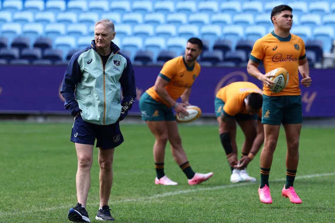 Australian rugby head coach Joe Schmidt at team training in Sydney in July 2024 ahead of the Test against Wales.