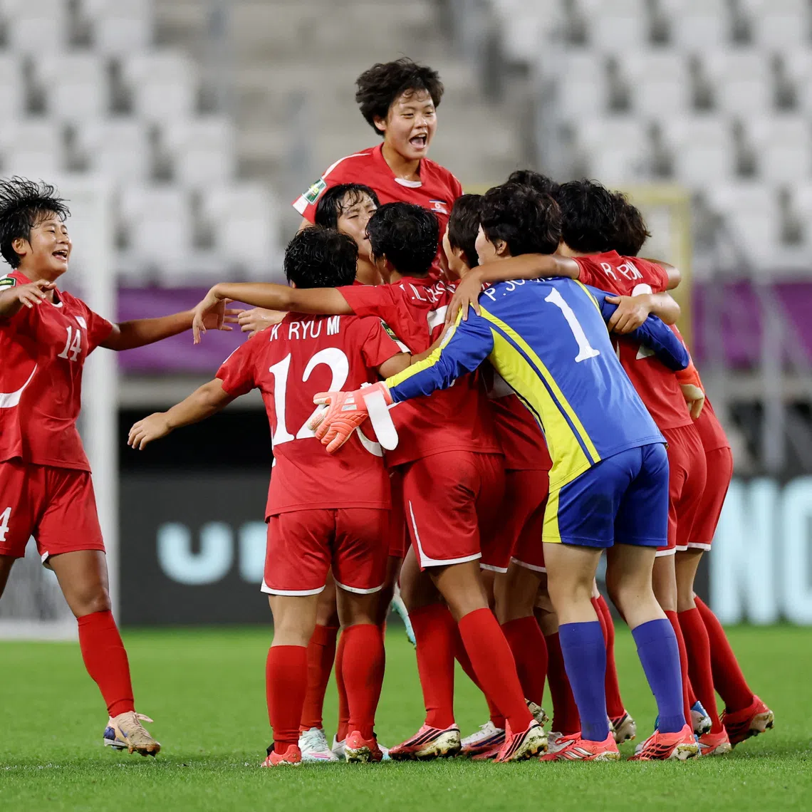 Soccer Football - FIFA Under-20 Women's World Cup - Semi Final - North Korea v Colombia - Stadion Miejski LKS, Lodz, Poland - September 23, 2026 North Korea players celebrate after the match REUTERS/Kacper Pempel
