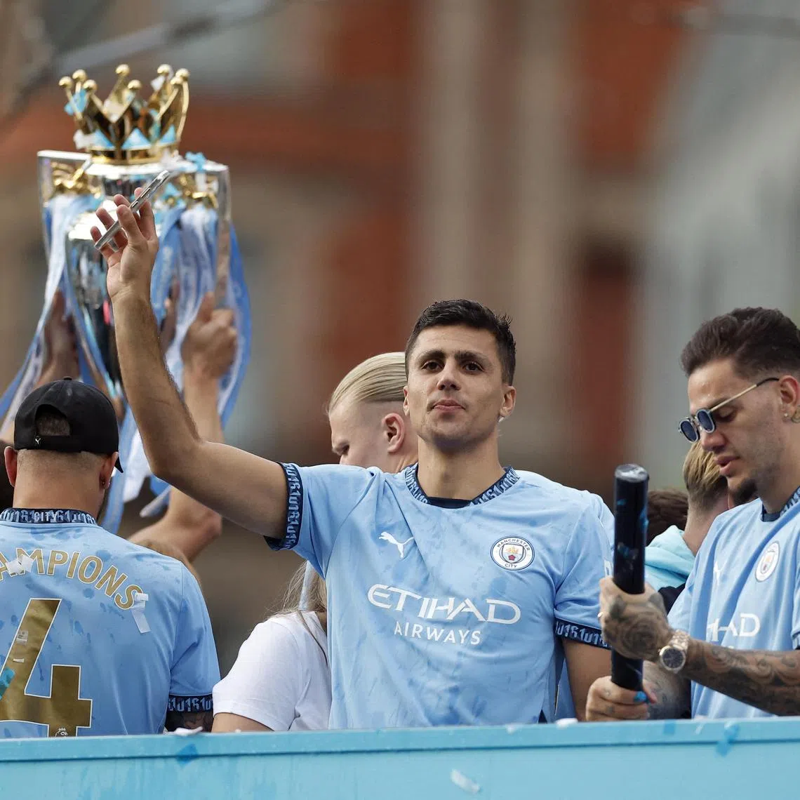 Manchester City's Rodri, a key player of the team, during a victory parade last season after winning the Premier League.