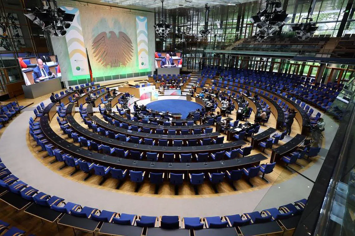A general view shows the plenary hall during an international replenishment conference for the United Nations Green Climate Fund in Bonn, Germany, October 5, 2023.     REUTERS/Wolfgang Rattay