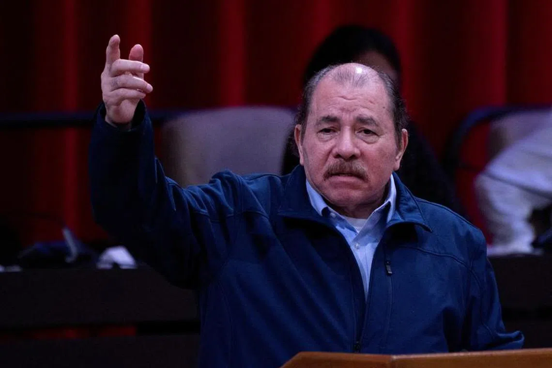 FILE PHOTO: FILE PHOTO: Nicaragua's President Daniel Ortega delivers a speech during an extraordinary session of the National Assembly of People's Power of Cuba in commemoration of the 18th anniversary of the creation of ALBA-TCP at the Convention Palace in Havana, Cuba, December 14, 2022. Yamil Lage/Pool via REUTERS/File Photo/File Photo