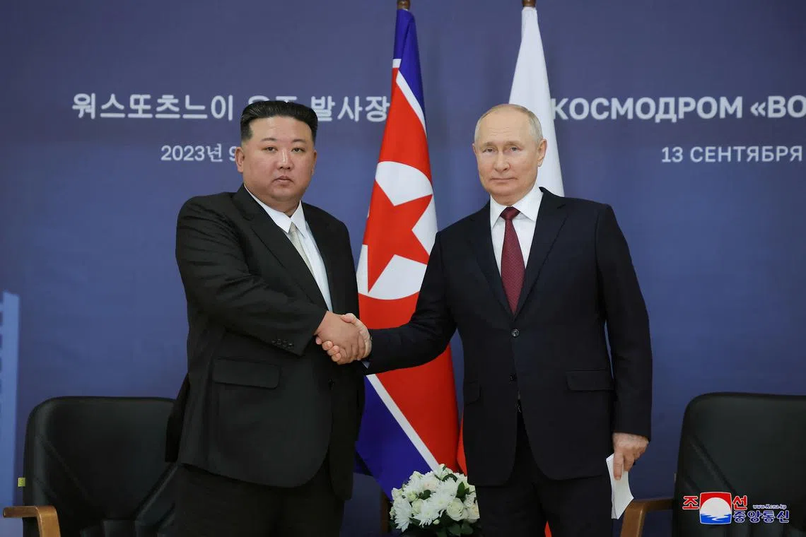 FILE PHOTO: Russia's President Vladimir Putin and North Korea's leader Kim Jong Un attend a meeting at the Vostochny ?osmodrome in the far eastern Amur region, Russia, September 13, 2023 in this image released by North Korea's Korean Central News Agency.   KCNA via REUTERS/ File Photo