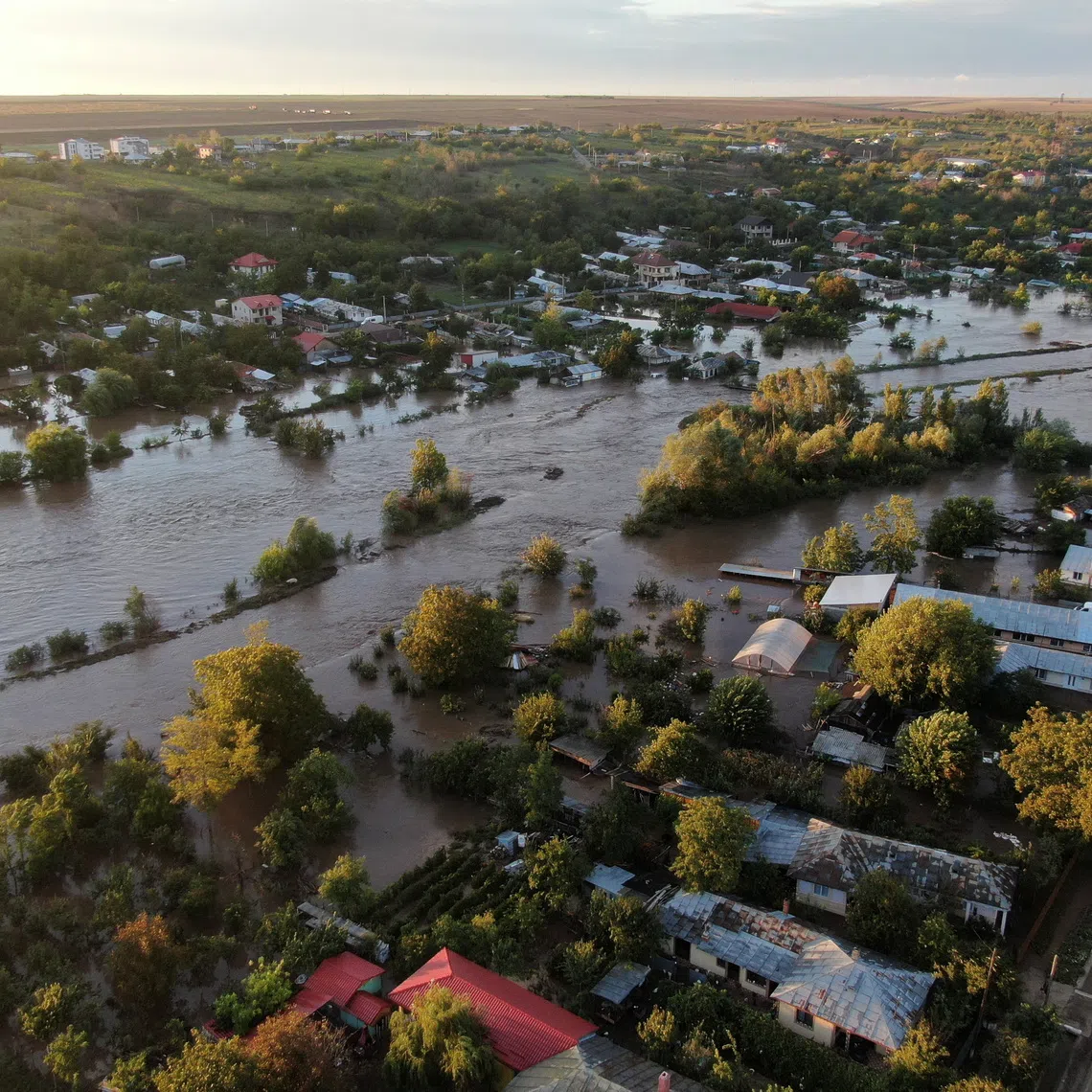 A drone view shows a flooded area, after heavy rain triggered flooding in Slobozia Conachi, Galati country, Romania, September 14, 2024. Inquam Photos/George Calin via REUTERS