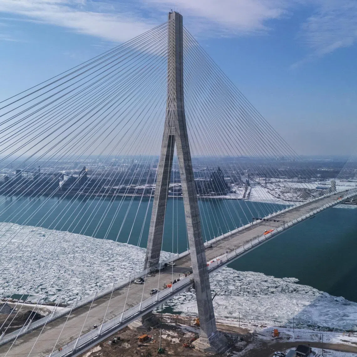The Gordie Howe International Bridge, under construction to link Detroit, Michigan, with Windsor, Ontario, as seen in a drone image taken from Windsor in February.