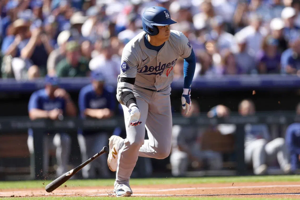 Shohei Ohtani of the Los Angeles Dodgers grounds out against the Colorado Rockies first inning at Coors Field on Sept 29, 2024 in Denver, Colorado. 