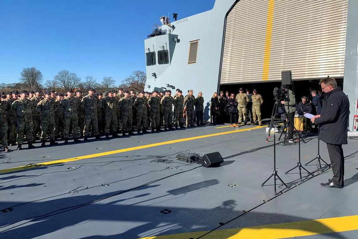 Danish Defence Minister Morten Bodskov addresses the crew onboard Danish frigate Niels Juel in Copenhagen, Denmark March 4, 2022. REUTERS/Stine Jacobsen/File Photo