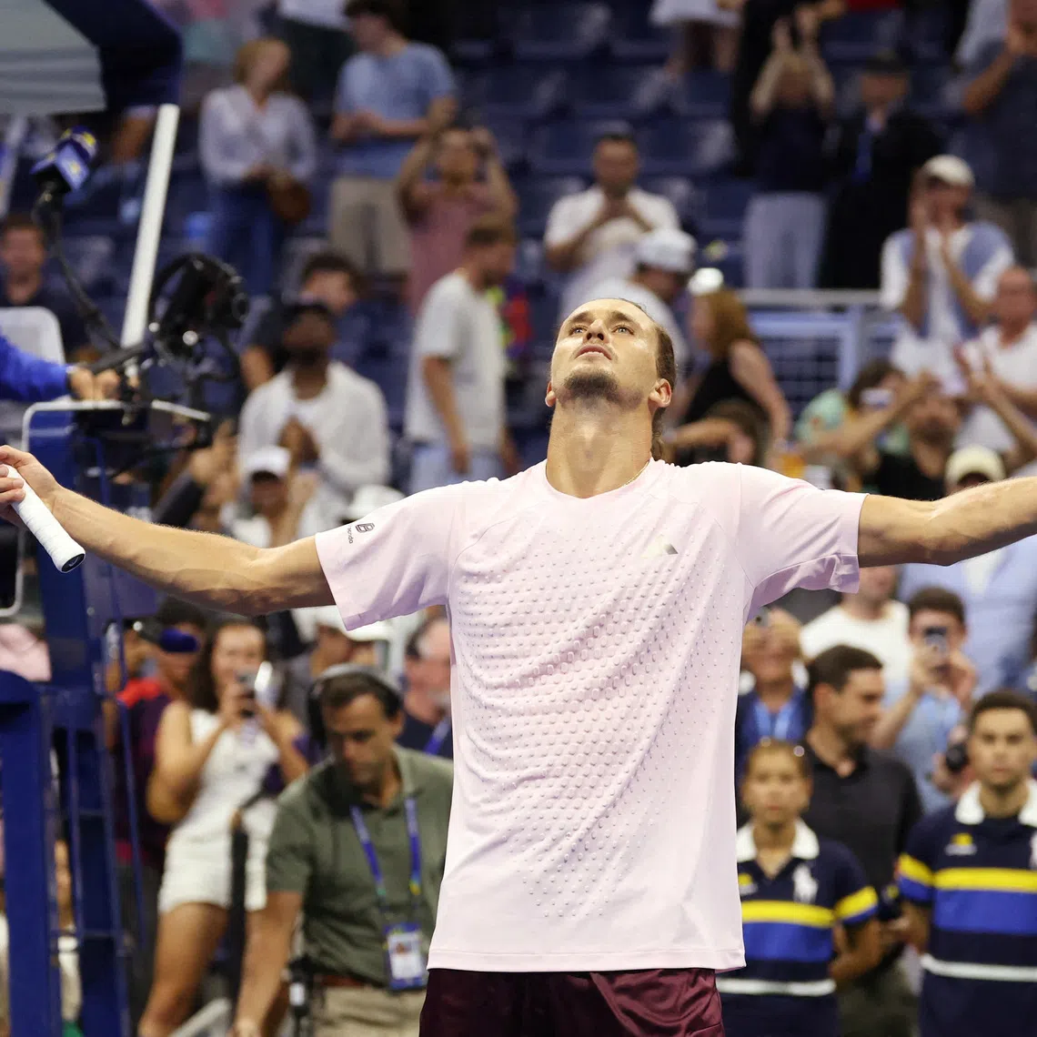 Tennis - U.S. Open - Flushing Meadows, New York, United States - September 2, 2026 Germany's Alexander Zverev celebrates after winning his first round match against Italy's Lorenzo Sonego IMAGN IMAGES via Reuters/Geoff Burke