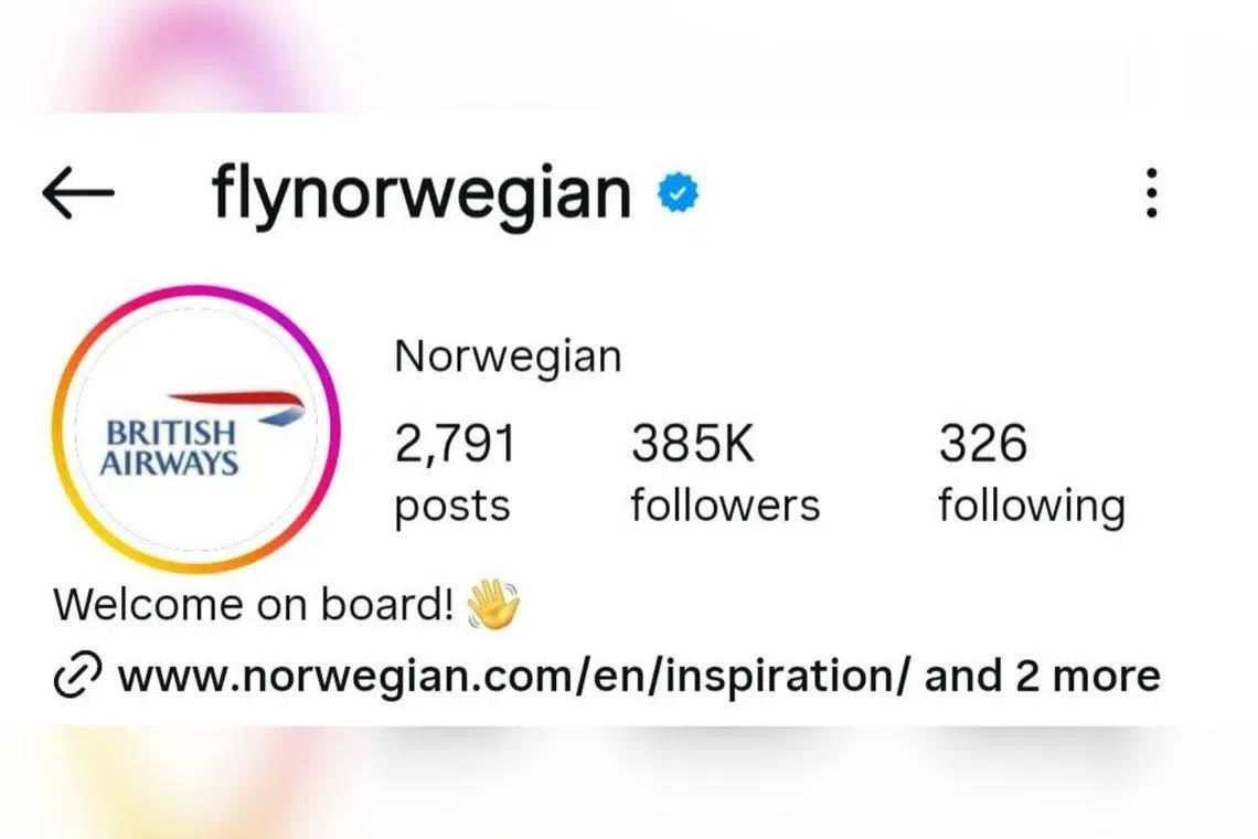 Norwegian Air’s Instagram account sporting the British Airways logo, after a bet on the World Cup tie between their countries.