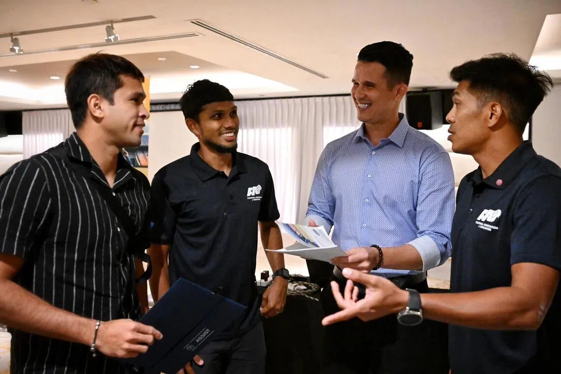 Baihakki Khaizan (second from right), with current and former local footballers (from left) Zulfahmi Ariffin, Fazrul Nawaz and Khairul Amri, as he launched the FAS Players’ Concierge that aims to address the financial, educational and career developmental needs and concerns of professional footballers in Singapore. The former Lion has resigned as head of planning at the Football Association of Singapore's technical division office.