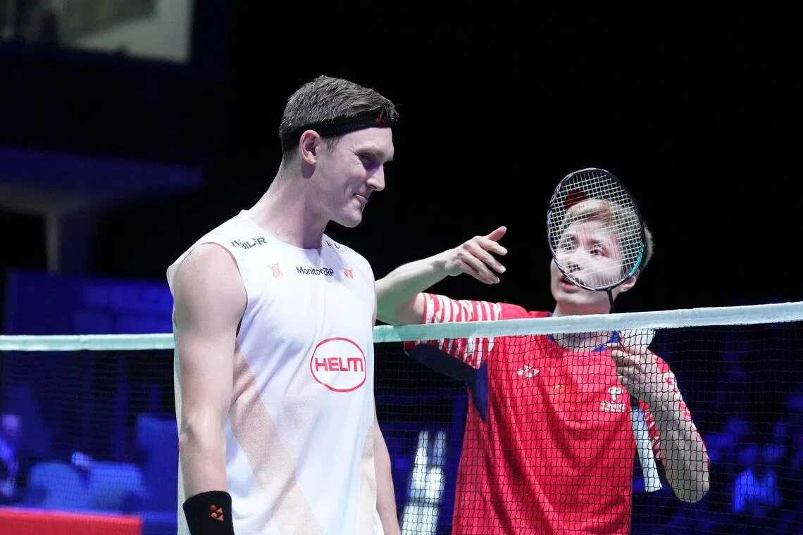 Denmark's Viktor Axelsen arguing with Shi Yuqi during his Denmark Open semi-final loss to the Chinese in Odense on Oct 18.