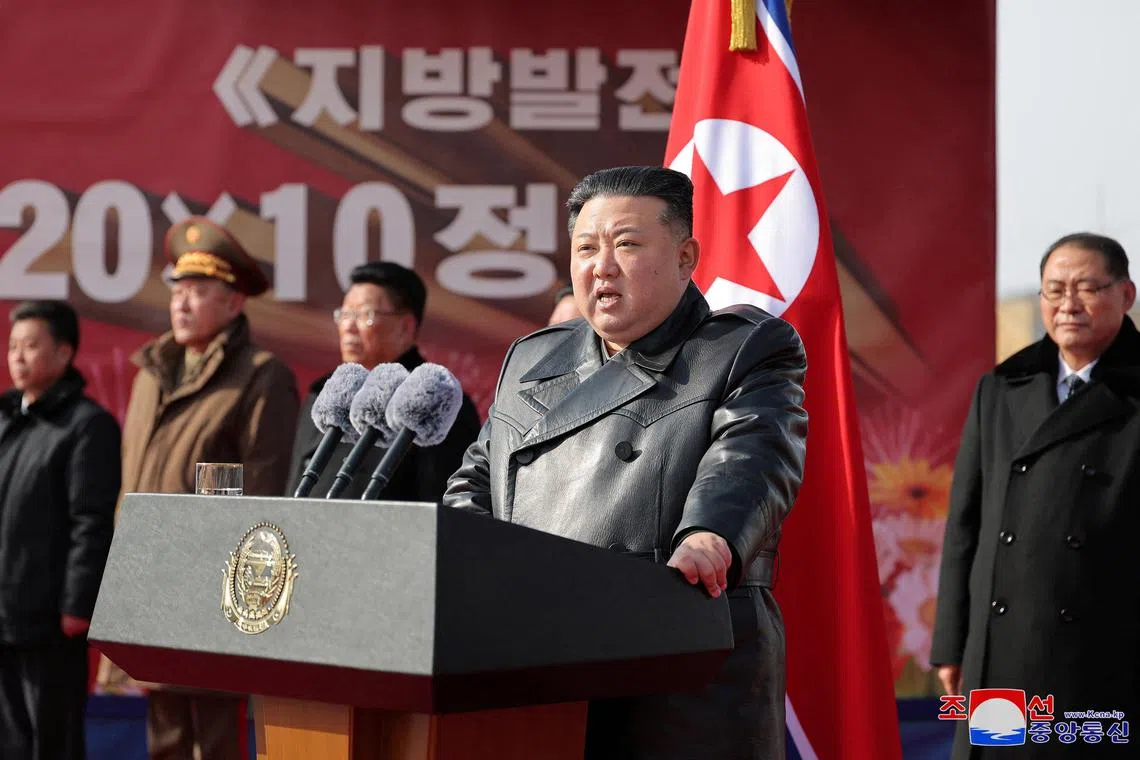 North Korean leader Kim Jong Un speaks during the groundbreaking ceremony for the Kangdong County Hospital and General Service Center in Kangdong County, North Korea, February 6, 2025, in this photo released by North Korea's official Korean Central News Agency.    KCNA via REUTERS    ATTENTION EDITORS - THIS IMAGE WAS PROVIDED BY A THIRD PARTY. REUTERS IS UNABLE TO INDEPENDENTLY VERIFY THIS IMAGE. NO THIRD PARTY SALES. SOUTH KOREA OUT. NO COMMERCIAL OR EDITORIAL SALES IN SOUTH KOREA.