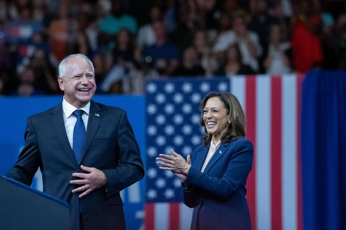 epa11532156 Democratic presidential candidate US Vice President Kamala Harris (R) holds a campaign rally with her new running mate Democratic vice presidential candidate Minnesota Governor Tim Walz (L) at the Liacouras Center at Temple University in Philadelphia, Pennsylvania, USA, 06 August 2024. Earlier, Harris announced Walz as her running mate for the 2024 presidential election and this is their first campaign event together. EPA-EFE/DAVID MUSE