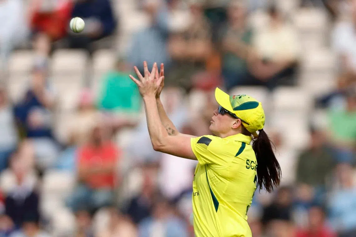 Cricket - Women's One Day International Series - England v Australia - The Ageas Bowl, Southampton, Britain - July 16, 2023 Australia's Megan Schutt takes a catch to dismiss England's Amy Jones off the bowling of  Australia's Ashleigh Gardner Action Images via Reuters/Peter Cziborra