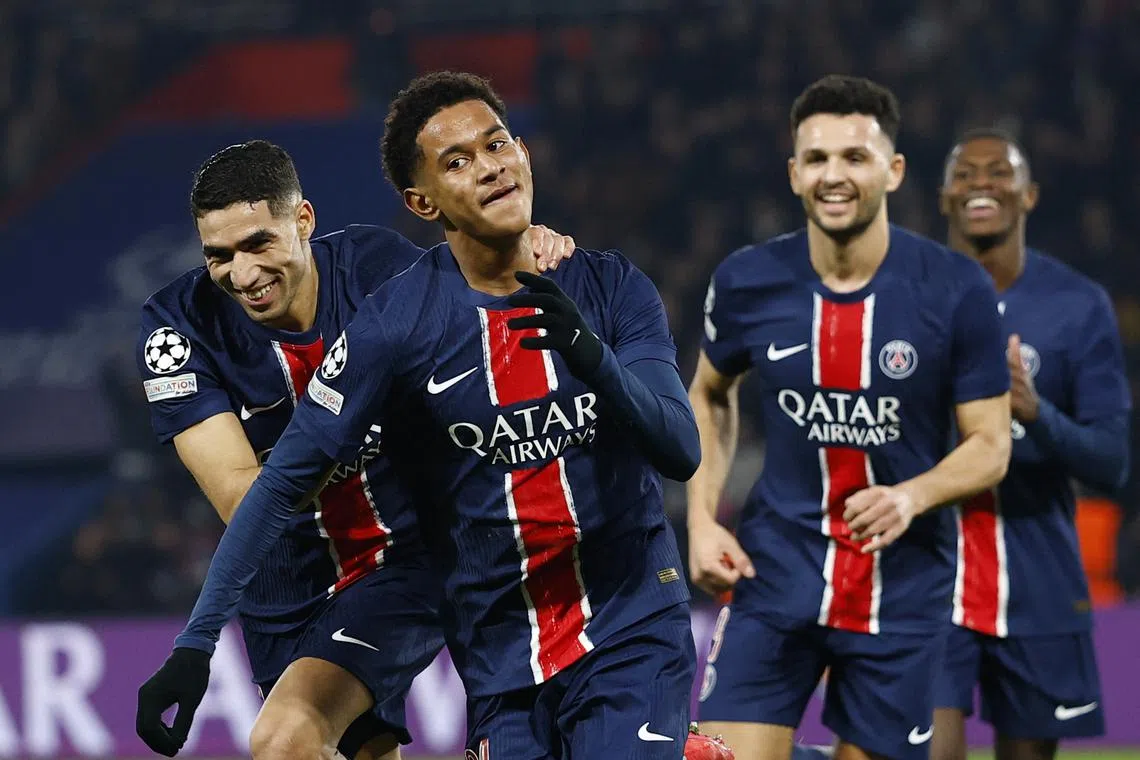 Soccer Football - Champions League - Knockout Phase Playoff - Second Leg - Paris St Germain v Brest - Parc des Princes, Paris, France - February 19, 2025 Paris St Germain's Senny Mayulu celebrates scoring their seventh goal REUTERS/Gonzalo Fuentes