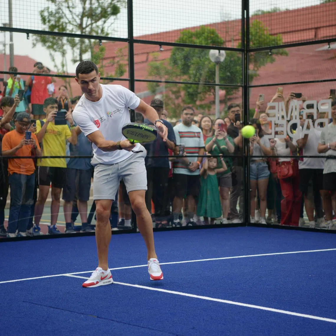 Football star Cristiano Ronaldo playing padel during a visit to Singapore in June.