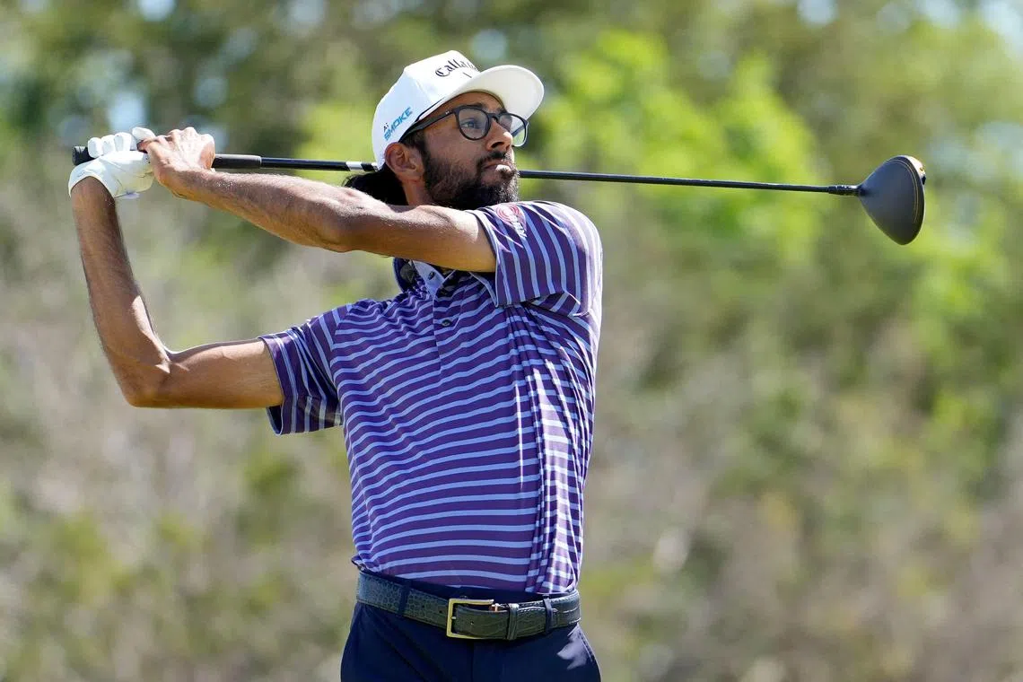 Akshay Bhatia of the United States playing his tee shot on the 4th hole during the second round of the Valero Texas Open at TPC San Antonio on April 5.