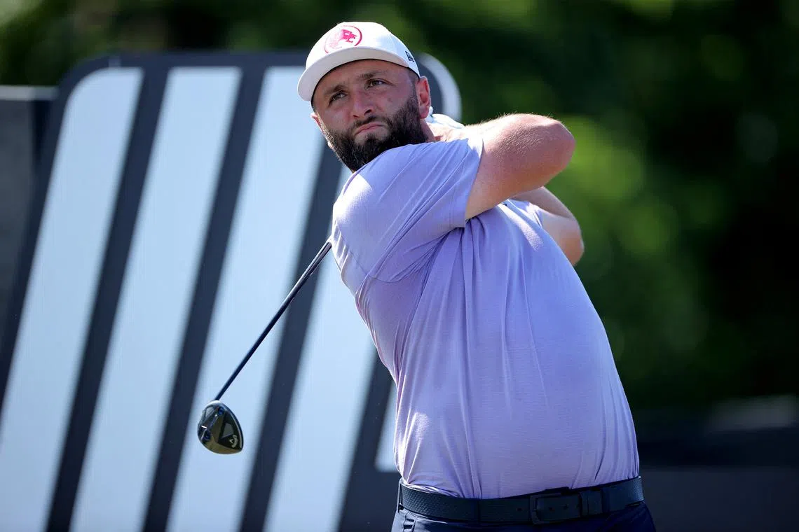 Jun 7, 2024; Houston, Texas, USA; Jon Rahm of Legion XIII hits a tee shot on the first hole during the first round of the LIV Golf Houston golf tournament at Golf Club of Houston. Erik Williams-USA TODAY Sports