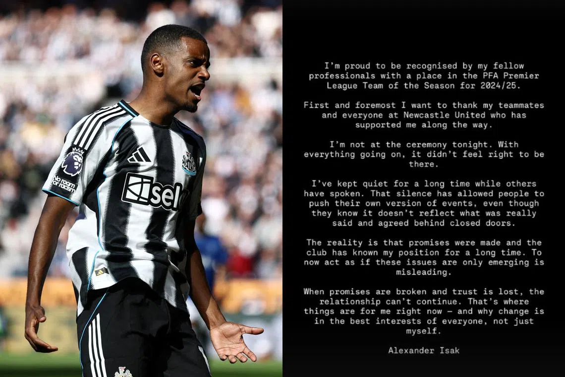 Alexander Isak released a statement on Aug 19 saying his departure from Newcastle is “in the best interests of everyone”.