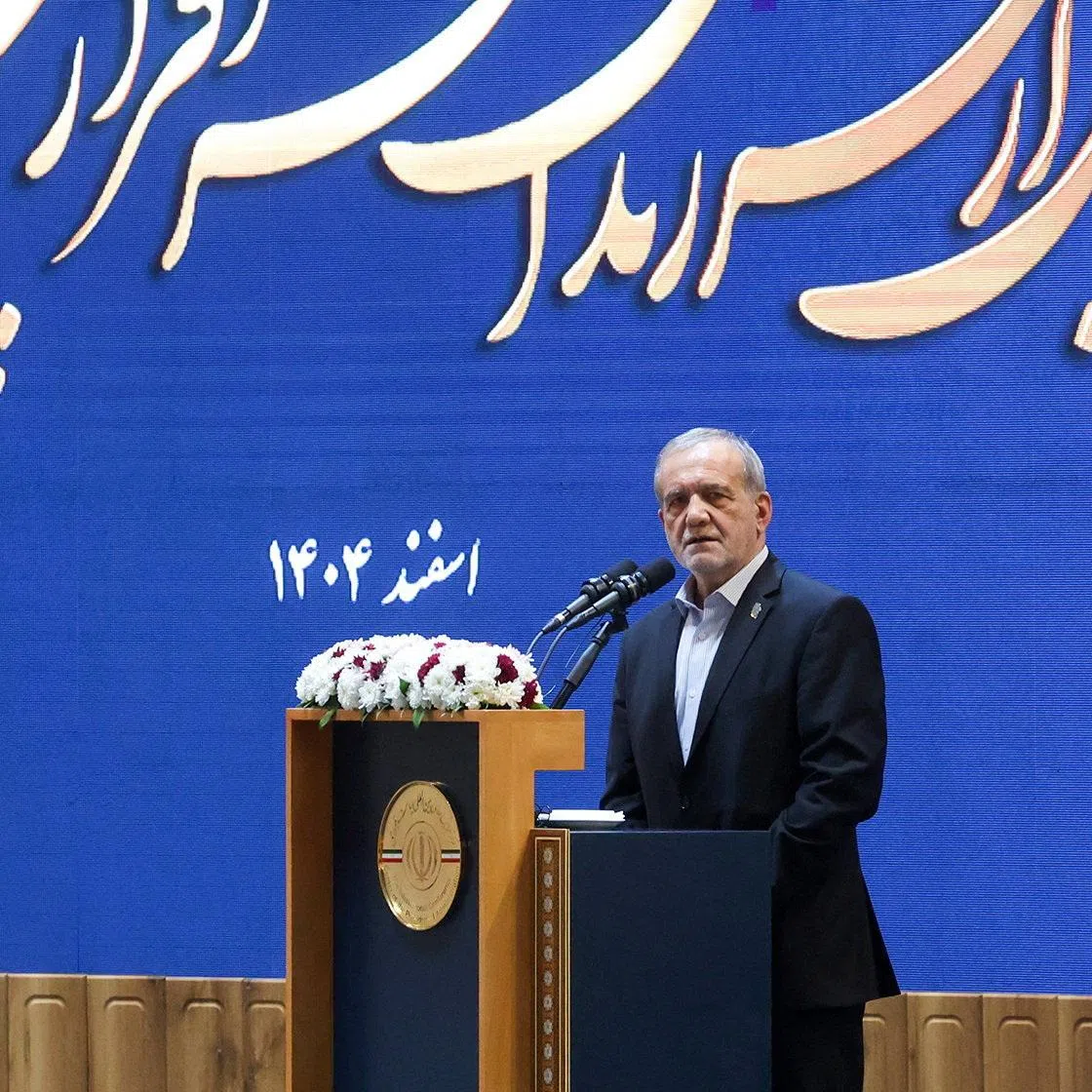 Iranian President Masoud Pezeshkian speaks during a meeting in Tehran, Iran, February 21, 2026. Iran's Presidential website/WANA (West Asia News Agency)/Handout via REUTERS