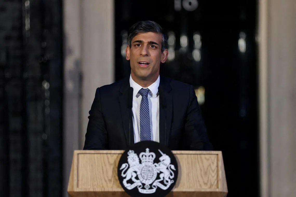 FILE PHOTO: Britain's Prime Minister Rishi Sunak speaks outside 10 Downing Street in London, Britain, March 1, 2024. REUTERS/Belinda Jiao/File Photo