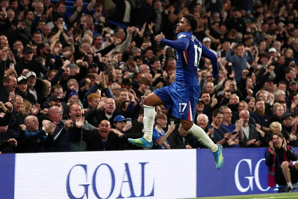 Andrey Santos celebrates scoring the winning goal for Chelsea in the 67th minute against Spurs. on May 19.     