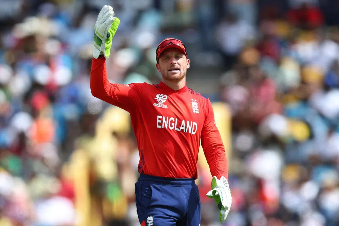 FILE PHOTO: Cricket - ICC T20 World Cup 2024 - Group B - Australia v England - Kensington Oval, Bridgetown, Barbados - June 8, 2024 England's Jos Buttler reacts REUTERS/Ash Allen/File Photo